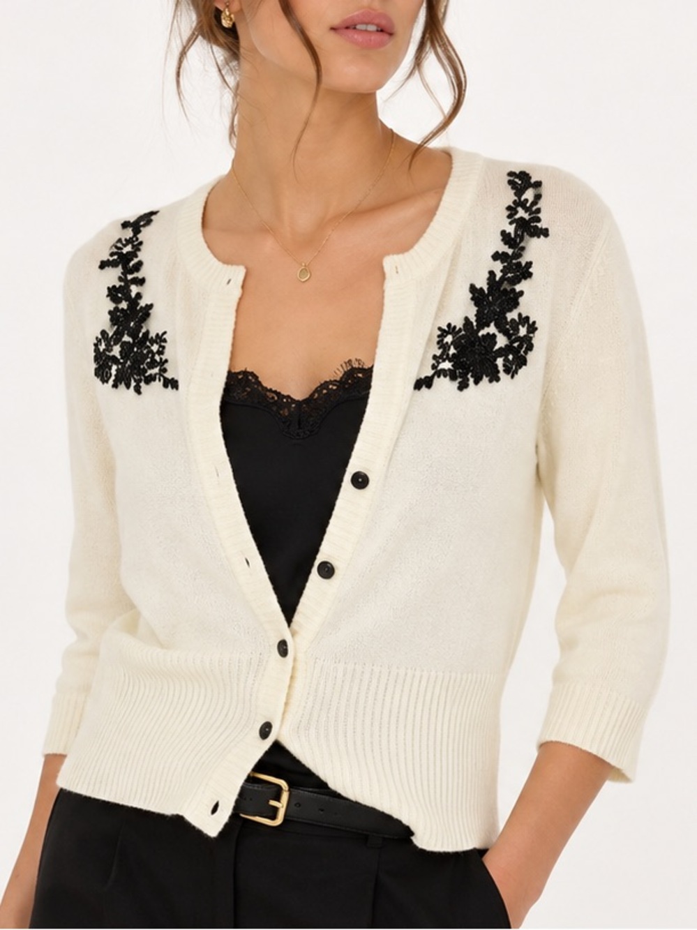 Requirements 2-in-1 Embroidered Cardigan Sweater Attached Lace Cami Medium